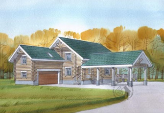 Бревенчатый дом с навесом и патио