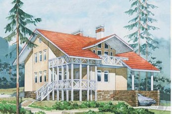 Трехэтажный отштукатуренный коттедж из дерева