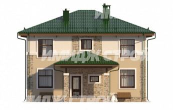 Проект двухцветного коттеджа с двумя гардеробными и большим крыльцом
