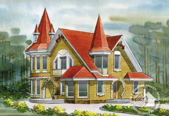 Дом с башнями из газобетона с элементами декоративного фахверка