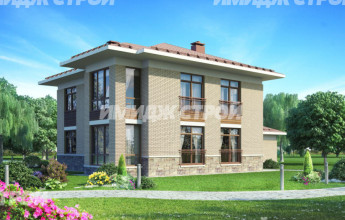 Проект двухэтажного дома с большой гостинной и гаражом на две машины