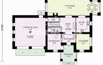 Проект двухэтажного дома с большой гостинной и гаражом на две машины