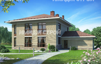 Проект двухэтажного дома с большой гостинной и гаражом на две машины