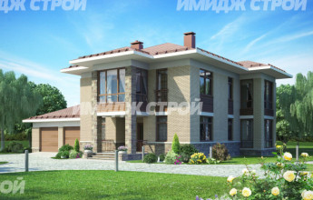 Проект двухэтажного дома с большой гостинной и гаражом на две машины