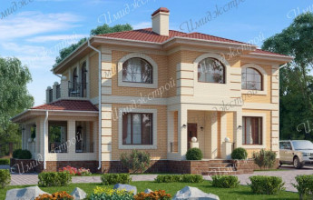 Проект коттеджа с погребом из светлого кирпича 222 квадратных метра