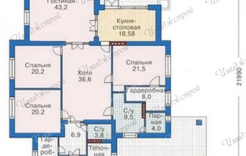 Европейский коттедж с яркой кровлей Дом на 204 м2 с большой крышей и навесом