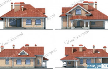 Европейский коттедж с яркой кровлей Дом на 204 м2 с большой крышей и навесом