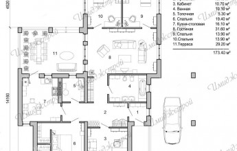 Проект большого одноэтажного коттеджа 173 кв.м.