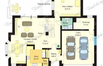 план дома с гаражом 150 кв.м.Двухэтажный дом с яркой красной кровлей  Неповторимое здание со сложной кровлей на 264 м2