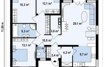 Небольшой коттедж в один этаж с угловым входом 129 кв.м.